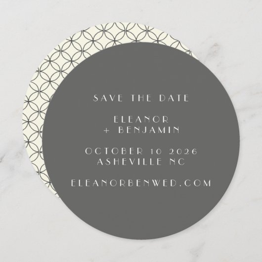 Elegant Retro Black White Line Art Weduwronde Save The Date (Voorkant / Achterkant)