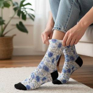 Elegant Retro Blau Bloemmotief Lente Botanisch Sokken