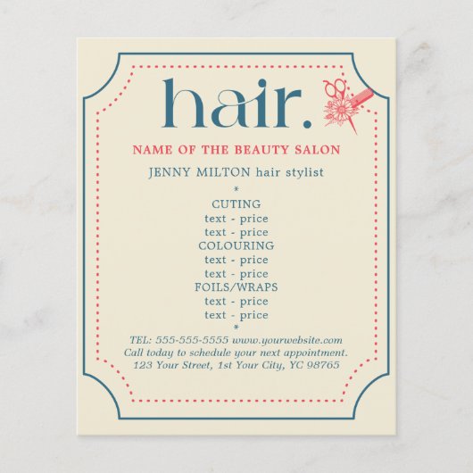 Elegant Retro Blauw Gouden Schaar Haar Menu (Voorkant)