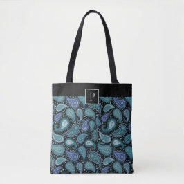 Elegant retro blauwe paisley motief met monogram tote bag