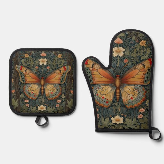 Elegant retro boho butterfly botanical greenery ovenwant & pannenlap set (Voorkant)