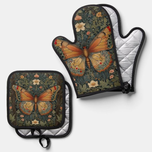 Elegant retro boho butterfly botanical greenery ovenwant & pannenlap set (Voorkant / Achterkant)