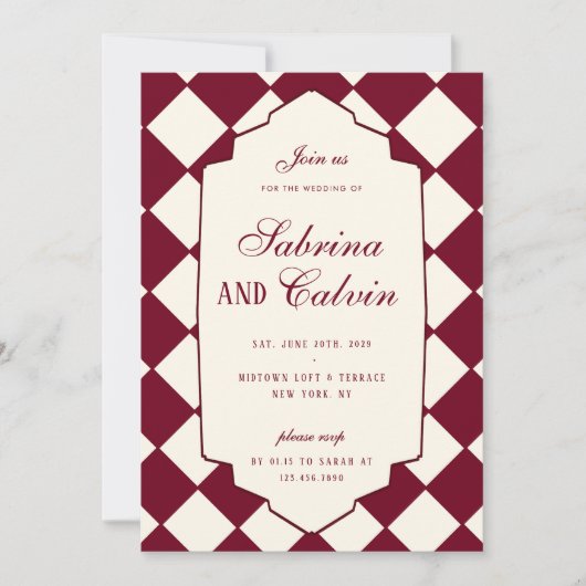 Elegant Retro Checkered Burgundy Wedding Kaart (Voorkant)