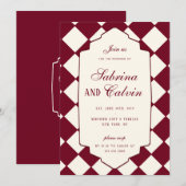 Elegant Retro Checkered Burgundy Wedding Kaart (Voorkant / Achterkant)