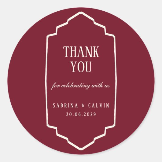 Elegant Retro Checkered Burgundy Wedding Ronde Sticker (Voorkant)