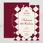 Elegant Retro Checkered Burgundy Wedding Save The Date (Voorkant / Achterkant)