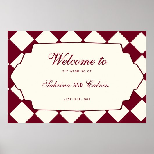 Elegant Retro Checkered Burgundy Wedding Welcome Poster (Voorkant)