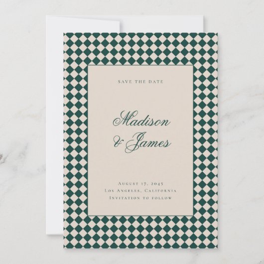 Elegant Retro Checkered Green Beige Wedding Save The Date (Voorkant)