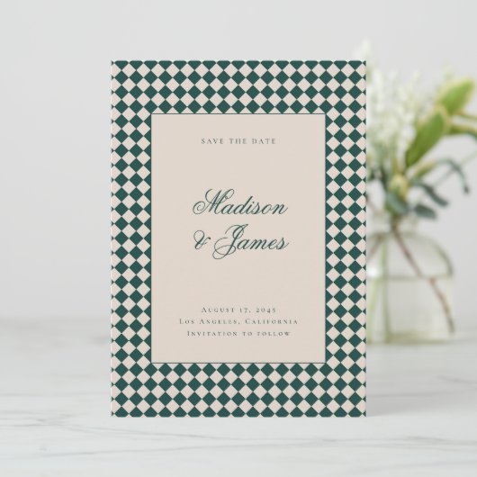 Elegant Retro Checkered Green Beige Wedding Save The Date (Staand voorkant)