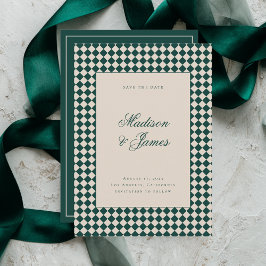 Elegant Retro Checkered Green Beige Wedding Save The Date