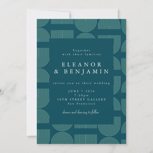 Elegant Retro Chic Arch Lines Blauwgroen Blue Wedd Kaart (Voorkant)