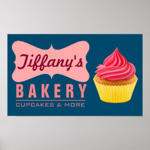 Elegant Retro Cute Cake Shop Pink Cupcake Bakkerij Poster