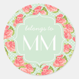 Elegant Retro Floral Pink Mint Girly Personaliste Ronde Sticker