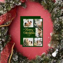 Elegant Retro Green & Gold Merry Christmas Family Folie Feestdagenkaart