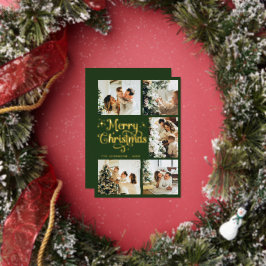 Elegant Retro Green & Gold Merry Christmas Family Folie Feestdagenkaart