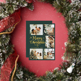 Elegant Retro Green & Gold Merry Christmas Family Folie Feestdagenkaart