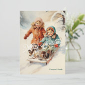 Elegant  retro klassiek kinder met slee feestdagenkaart (Staand voorkant)