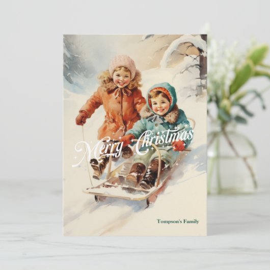 Elegant  retro klassiek kinder met slee feestdagenkaart (Staand voorkant)
