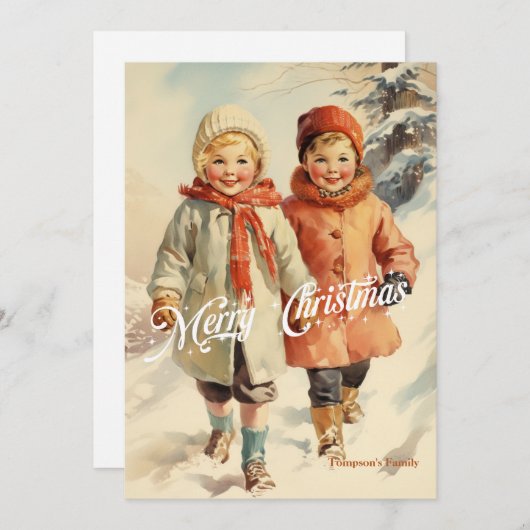 Elegant  retro klassiek kinder met slee feestdagenkaart (Voorkant / Achterkant)