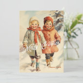 Elegant  retro klassiek kinder met slee feestdagenkaart (Staand voorkant)