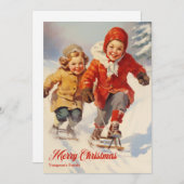Elegant  retro klassiek kinder met slee feestdagenkaart (Voorkant / Achterkant)