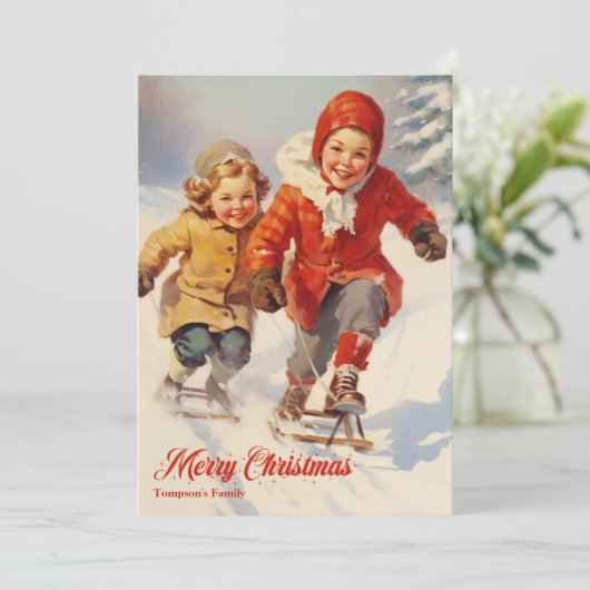 Elegant  retro klassiek kinder met slee feestdagenkaart (Staand voorkant)