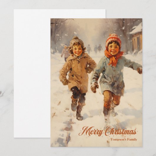 Elegant  retro klassiek kinder met slee feestdagenkaart (Voorkant / Achterkant)