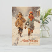 Elegant  retro klassiek kinder met slee feestdagenkaart (Staand voorkant)
