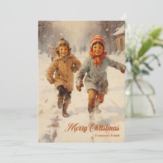 Elegant  retro klassiek kinder met slee feestdagenkaart (Staand voorkant)