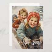Elegant  retro klassiek kinder met slee feestdagenkaart (Voorkant / Achterkant)