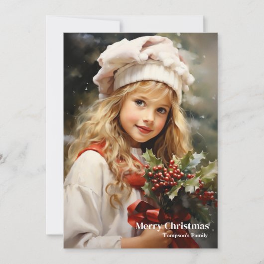 Elegant  retro klein meisje holly berry feestdagenkaart (Voorkant)