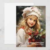 Elegant  retro klein meisje holly berry feestdagenkaart (Voorkant / Achterkant)