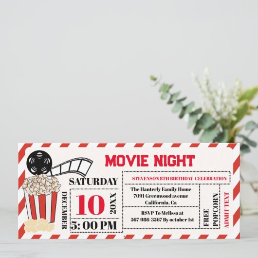 Elegant Retro Movie Night Verjaardagsfeestticket Kaart (Staand voorkant)