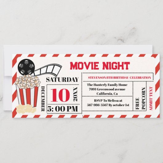 Elegant Retro Movie Night Verjaardagsfeestticket Kaart (Voorkant)