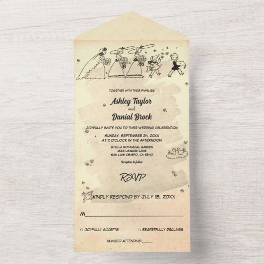 Elegant  Retro Old Rustic Stylish Wedding All In One Uitnodiging (Binnen)
