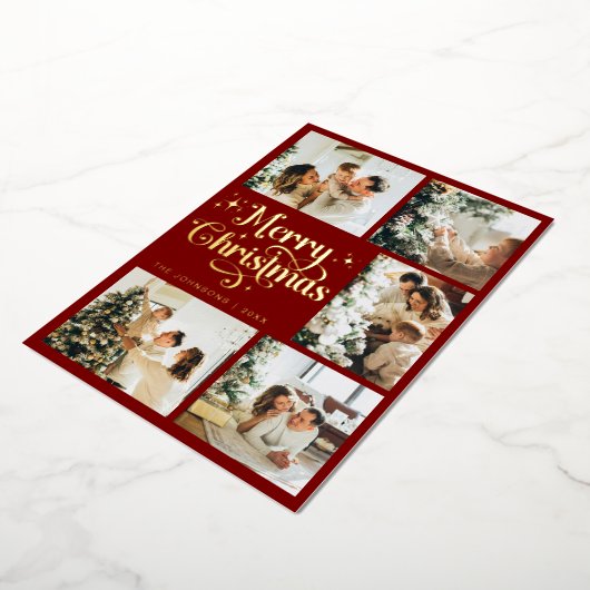 Elegant Retro Red & Gold Merry Christmas Family Folie Feestdagenkaart (Gedraaid)
