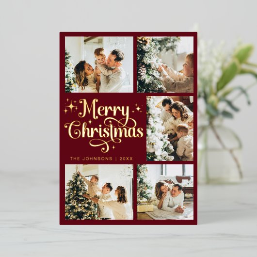 Elegant Retro Red & Gold Merry Christmas Family Folie Feestdagenkaart (Staand Voorkant)