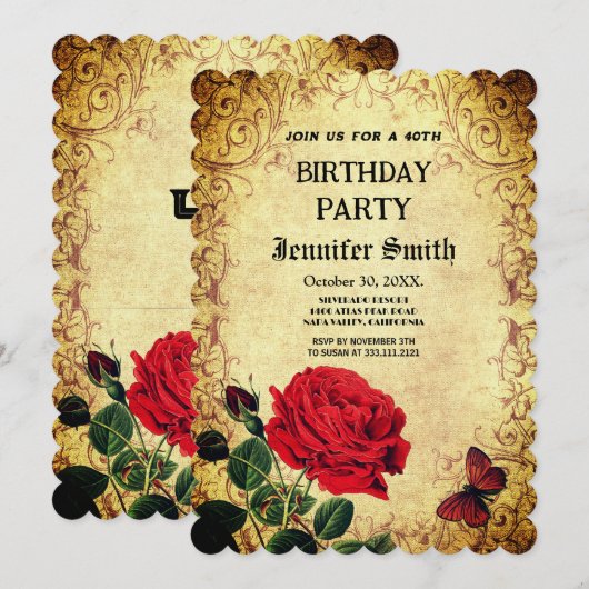 Elegant retro rode roos vintage uitnodiging (Voorkant / Achterkant)