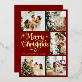 Elegant Retro Rood & Goud Prettig Kerstmis Familie Folie Feestdagenkaart
