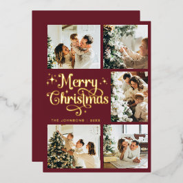 Elegant Retro Rood & Goud Prettig Kerstmis Familie Folie Feestdagenkaart