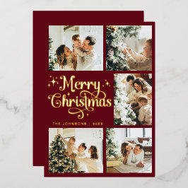 Elegant Retro Rood & Goud Prettig Kerstmis Familie Folie Feestdagenkaart