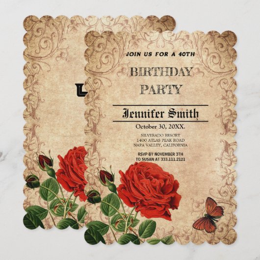 Elegant retro roodroos vitage kaart (Voorkant / Achterkant)