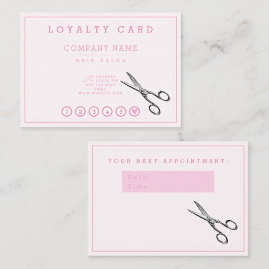 Elegant Retro Scissors Pink Hairsalon Loyalty Visitekaartje (Voorkant / Achterkant)