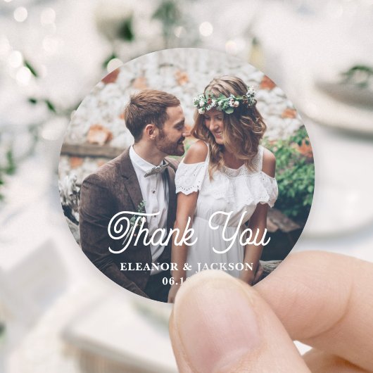 Elegant Retro Script & Foto Bruiloft Dank u Ronde Sticker