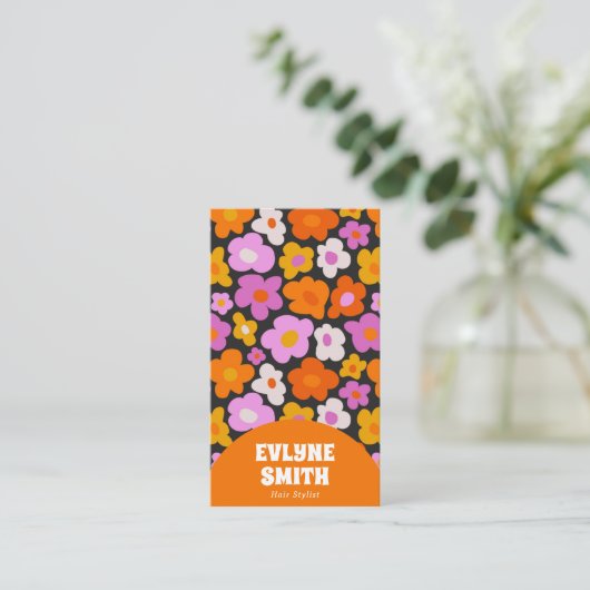 Elegant Retro Sinaasappel QR Code Boho Groovy Flor Visitekaartje (Staand voorkant)