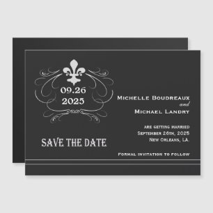 Elegant Retro Style Fleur Save the Date Black Magnetische Uitnodiging