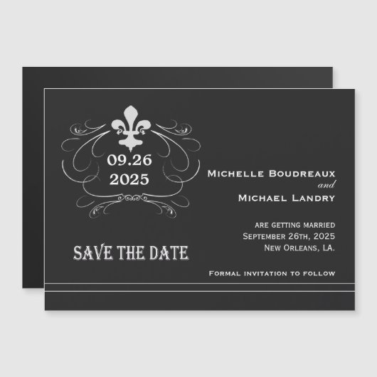 Elegant Retro Style Fleur Save the Date Black Magnetische Uitnodiging (Voorkant / Achterkant)
