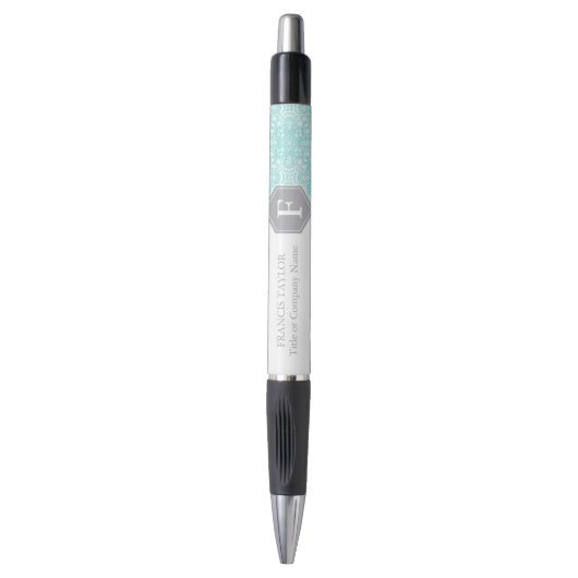 Elegant retro turquoise en grijs monogram patroon. pen (Voorkant Verticaal)