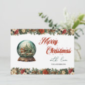 Elegant Retro vintage kerstsneeuw wereldbol Feestdagenkaart (Staand voorkant)