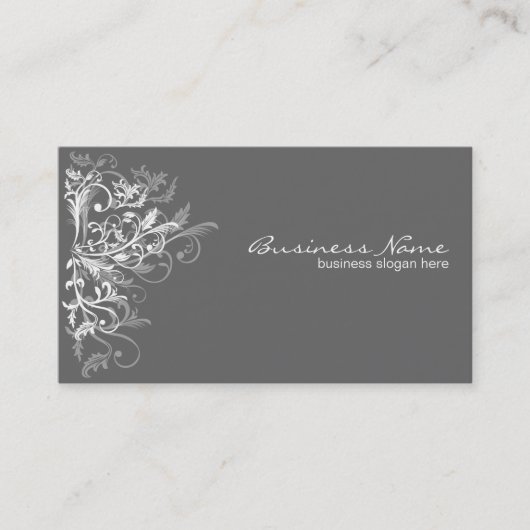 Elegant Retro White Flower Swirls Dark Grey Visitekaartje (Voorkant)